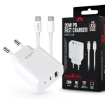 Maxlife MXTC-06 PD+QC 20W hálózati gyorstöltő adapter USB + Type-C + Type-C/Type-C kábel - fehér ML738409