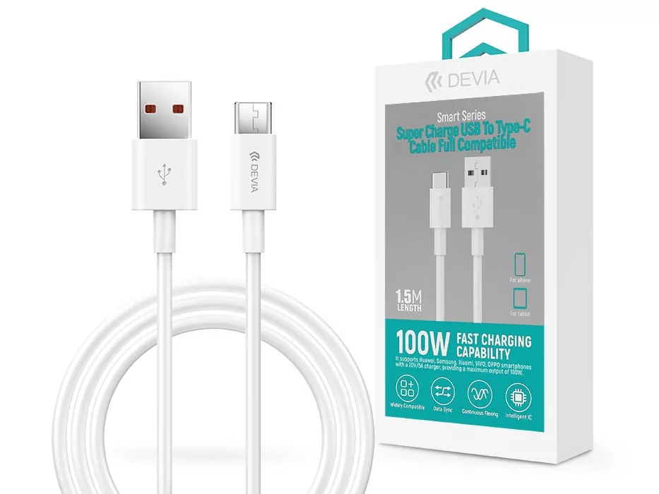 ST344602 Devia Smart Series Shark USB/Type-C töltő- és adatkábel 1,5m - 5A - fehér - Image 1