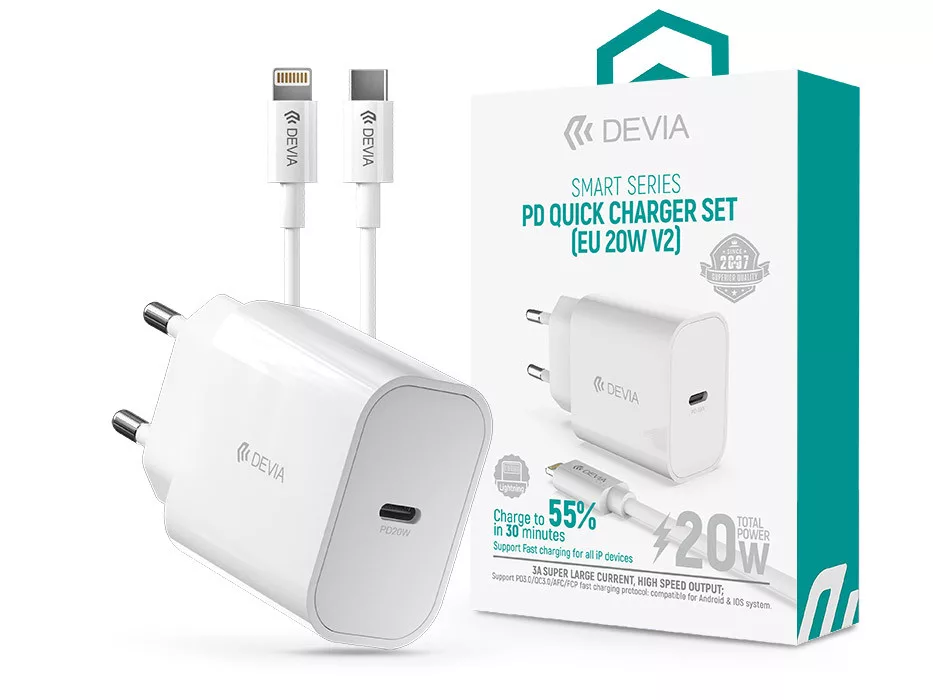 ST383847 Devia Smart Series 20W PD hálózati gyorstöltő adapter V2 + Type-C/Lightning kábel - fehér st383847 - Image 1